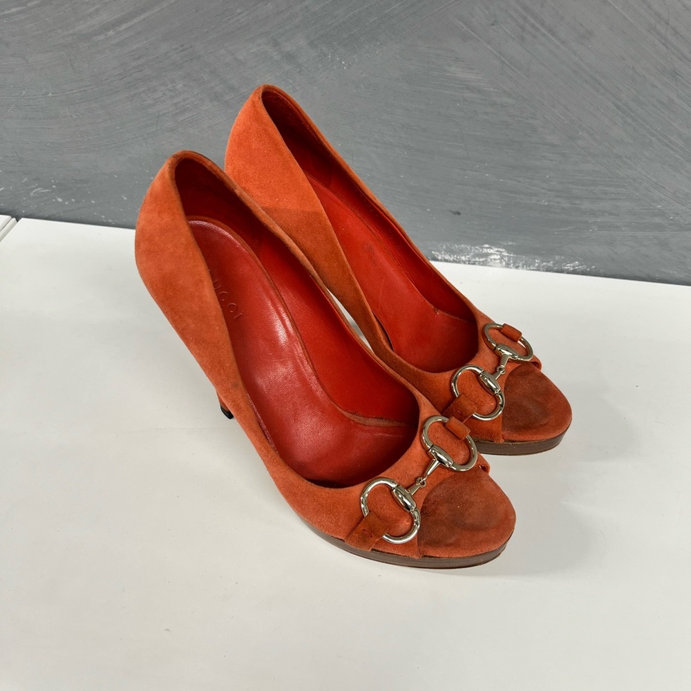 Gucci Orange Suede Horsebit Heels